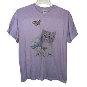 Gildan T-shirt Lilac with Cat Flowers and Butterfly Size Medium